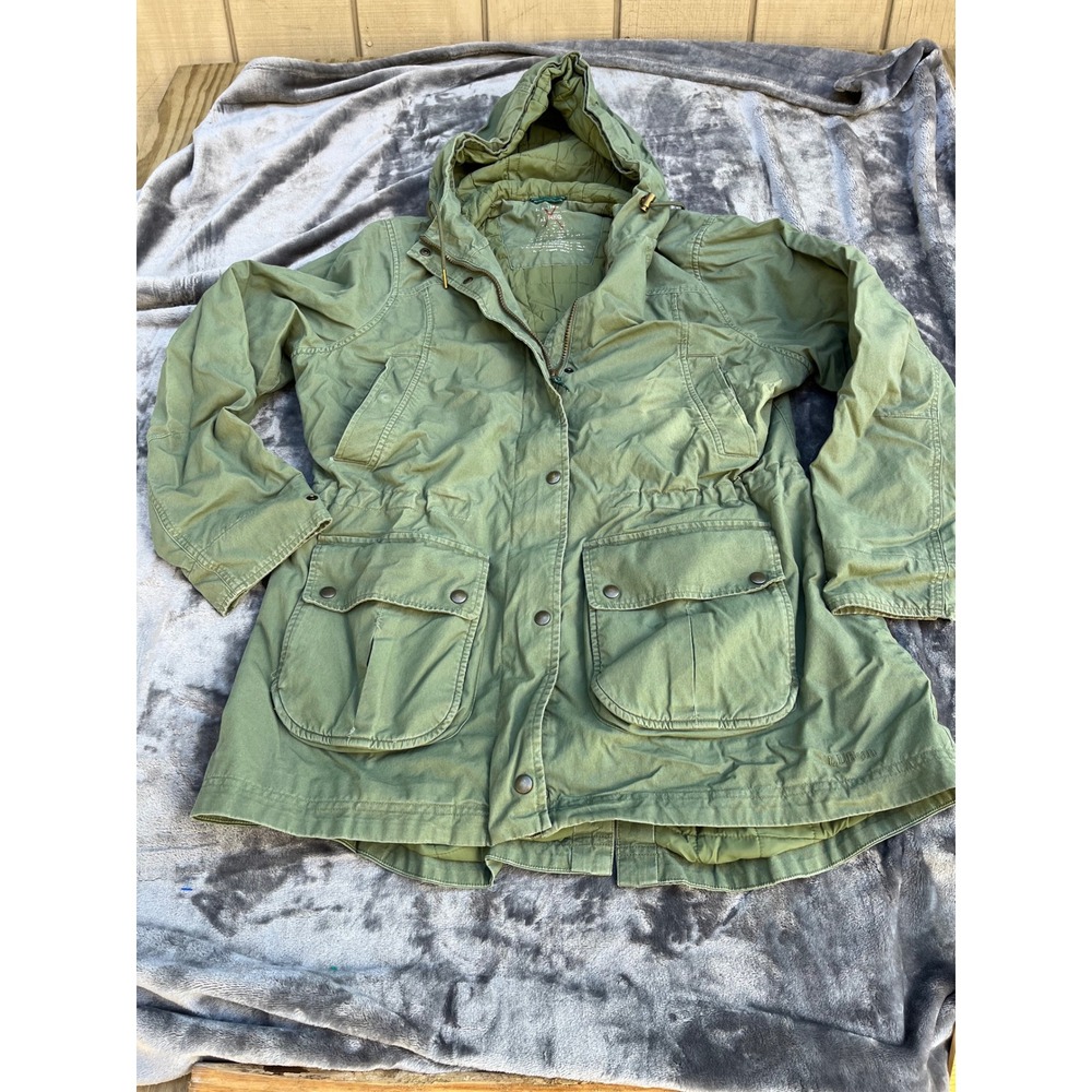LL Bean Olive Green Utility Field Jacket Organic Cotton Hooded Parka XL Reg